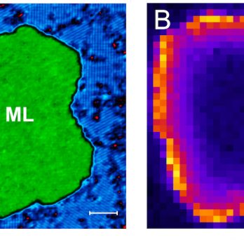 Side-by-side images of subatomic particles. Image A on the left shows an irregular green shape labeled Fe ML on a blue and black background. Image B on the left shows the same shape with a bright outline and progressively darker center.
                  