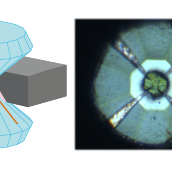 Researchers used a diamond anvil cell to subject sulfur to over 1 million atmospheres of pressure in order to analyze its superconductive properties. (Graphic/Image: Kui Wang) 